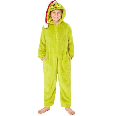 The Grinch Onesie Loungewear Xmas Christmas Outfit Hooded Long Sleeve Zip Nightwear Holidays Celebration New Year Festive