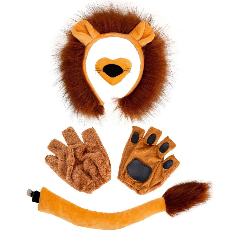 1 Set/4 piezas Disfraz de León - Orejas, Diadema, Cola, Guantes con Patas, Nariz, Corbata de Moño - Accesorios para Fiesta de Halloween, Navidad y Cosplay - Multicolor - Ver 1