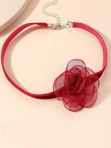1件装女士洛丽塔山茶花颈链，哥特式项链，情人节配饰 - 紅色 - 查看 2