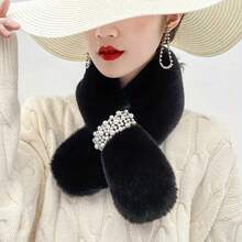 1pc Warm Thick Criss-Cross Faux Fur Neck Warmer - Elegant Faux Pearl Design, Versatile - Expandable Warm Criss-Cross Scarf - Comfortable Warm Winter Accessory With Thermal Lined - Multicolor - View 12