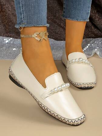 Damen bequeme flache Slip-On Loafer mit Kunstperlen Dekor, lässiger Arbeitsstil