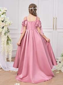 Tween Girls Spaghetti Strap Sequin Bow Satin Elegant Hosting School Party Trailing Princess Dress, Suitable For Birthday Party, Prom, Does Not Include Headband - Dusty Pink - View 4