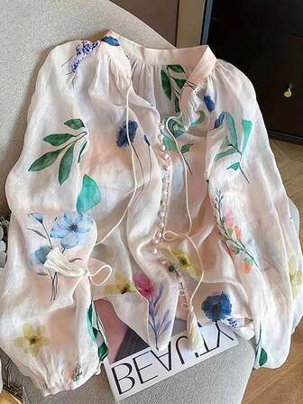 Blusa casual holgada de mujer con mangas de farol y parches de ganchillo