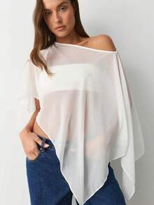 Women's One-Shoulder Sheer Mesh Poncho Asymmetrical Lightweight Shawl See Through Cover Up Top - 白色 - 查看 3