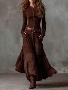 Female  Lady's Autumn Vintage Dress, With Checked Patchwork Design, Exudes A Vintage Charm. It Features Pockets, Buttons And A Belt. Ideal As A Christmas Gift Or For . - 藏蓝色 - 查看 6