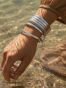 7pcs/Set European & American New Minimalist Multi-Layer Braided Chain, Metal Blade Chain Bracelet Set, Bohemian Fashion Layered Bracelet Suit For Women, Fashionable Jewelry For Daily & Party Wear