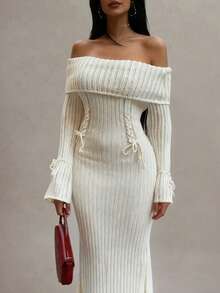 Sedessea 女士新款单肩系带喇叭袖蝴蝶结腋下钩编纹理修身优雅时尚高端简约复古户外晚宴针织毛衣连衣裙，秋冬款 - 杏色 - 查看 3