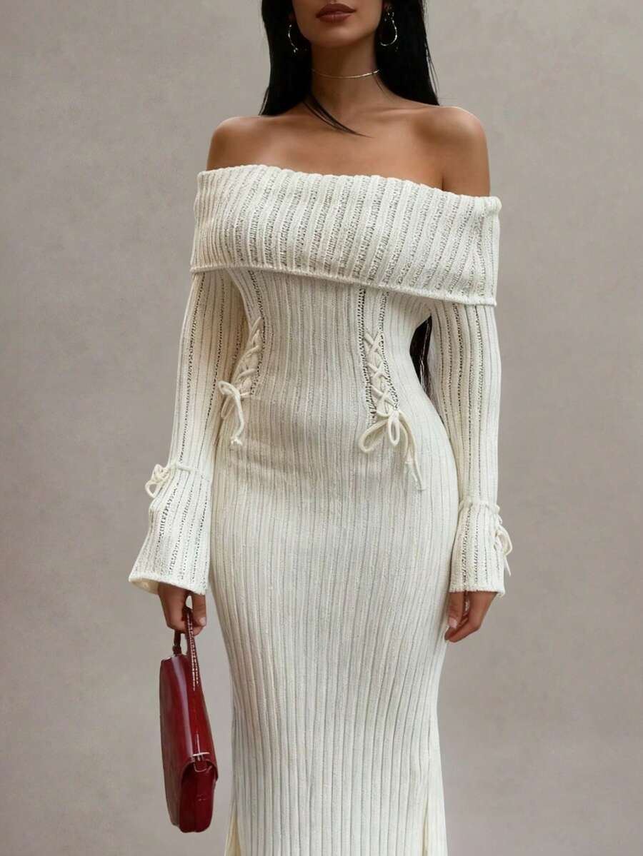Marisole 女士新款单肩系带喇叭长袖蝴蝶结腋下纹理钩编修身针织优雅时尚高端简约气质复古外出夜游派对毛衣连衣裙，秋冬款 - 杏色 - 查看 1