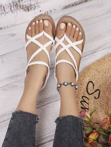 女士平底编织人字拖凉鞋，厚实柔软鞋垫，纯色波西米亚休闲时尚度假优雅PU皮革交叉绑带平底凉鞋，沙滩夏季波西米亚风 - 白色 - 查看 6