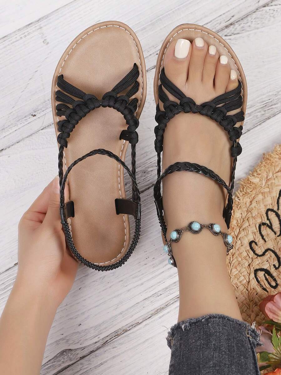 女士手工编织平底人字拖，厚实柔软舒适纯色波西米亚休闲时尚度假优雅PU皮革交叉绑带女士平底凉鞋，夏季 - 黑色 - 查看 1