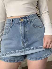 Women's High-Waisted Denim Short Skirt, Cotton, No Stretch, NEW 2025 - 中等水洗藍 - 查看 1
