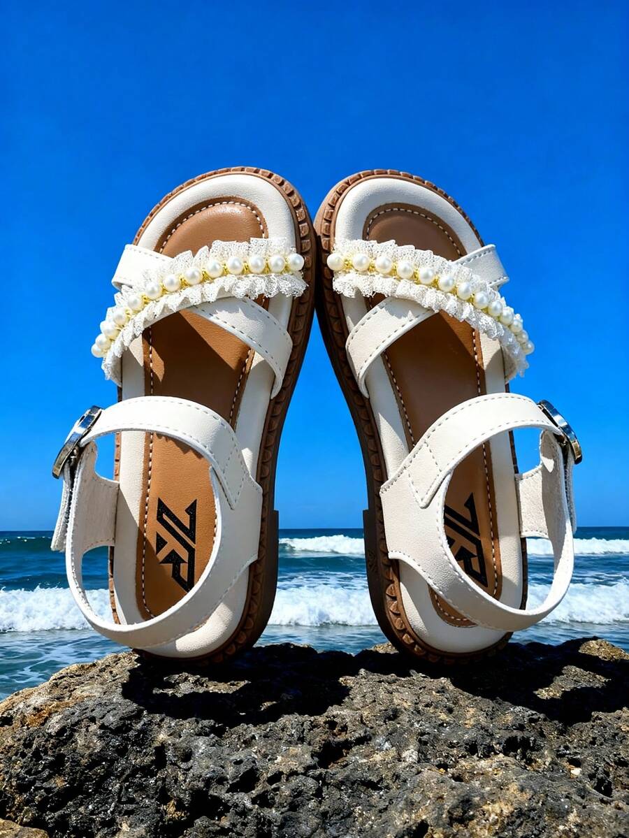 1 Pair Girls' Pearl Lace Decor Faux Leather Non-Slip Open Toe Criss-Cross Strap Flat Sandals, Sweet Princess Style, Suitable For Summer Travel And Beach Vacation, Cute Kids Shoes, Popular Trending Item, Fashionable And Versatile, Sweet Design, Soft Sole Won't Rub Feet, Great Gift For Holidays - Beige - View 1