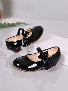 1 Pair Black Little Girls' Fashionable Bow-Decorated High Heel Shoes, Suitable For Parties, Weddings, Dances, Performances, And Outdoor Wear For Students. Cute And Versatile For All Seasons - Black - View 13
