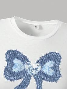 Tween Girl Letter Graphic Print Short Sleeve Top And Denim Skirt Set - White - View 3