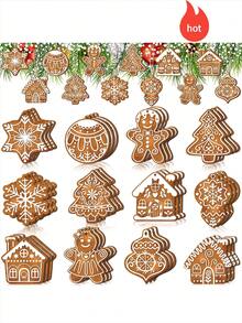 12pcs/24pcs/36pcs Christmas Gingerbread Decorations, For Tree Mini Snowflake Wooden Flowers Hanging Winter Christmas Decorations, Ropes, For Christmas Party Holiday Winter Crafts (Brown, Gingerbread)