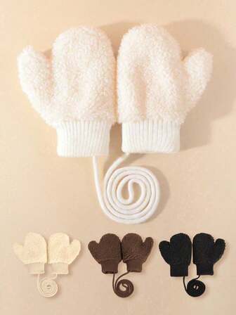 1 paar effen fleece wanten voor baby's, dik en comfortabel voor de herfst/winter