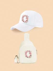 2件套女童白色26字母粉色玫瑰卡车帽套装，时尚可爱轻便遮阳帽，适合作为生日/节日礼物，适合春夏户外活动、登山、上学、玩耍 - 白色 - 查看 37