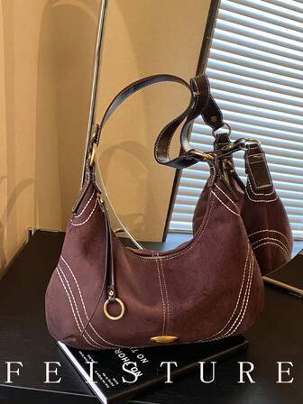 1pc Suede Fabric Solid Color Crescent Underarm Bag, Fashionable Shoulder Bag, Zipper Closure, Suitable For Daily Outing, Dating, Commuting