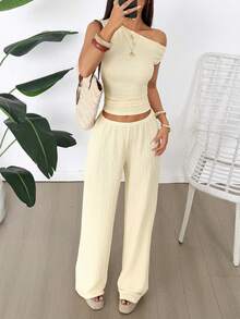 GAOVOT 女装两件套夏季Y2K性感优雅休闲奶油黄针织纹理露肩T恤上衣和宽松直筒阔腿裤套装