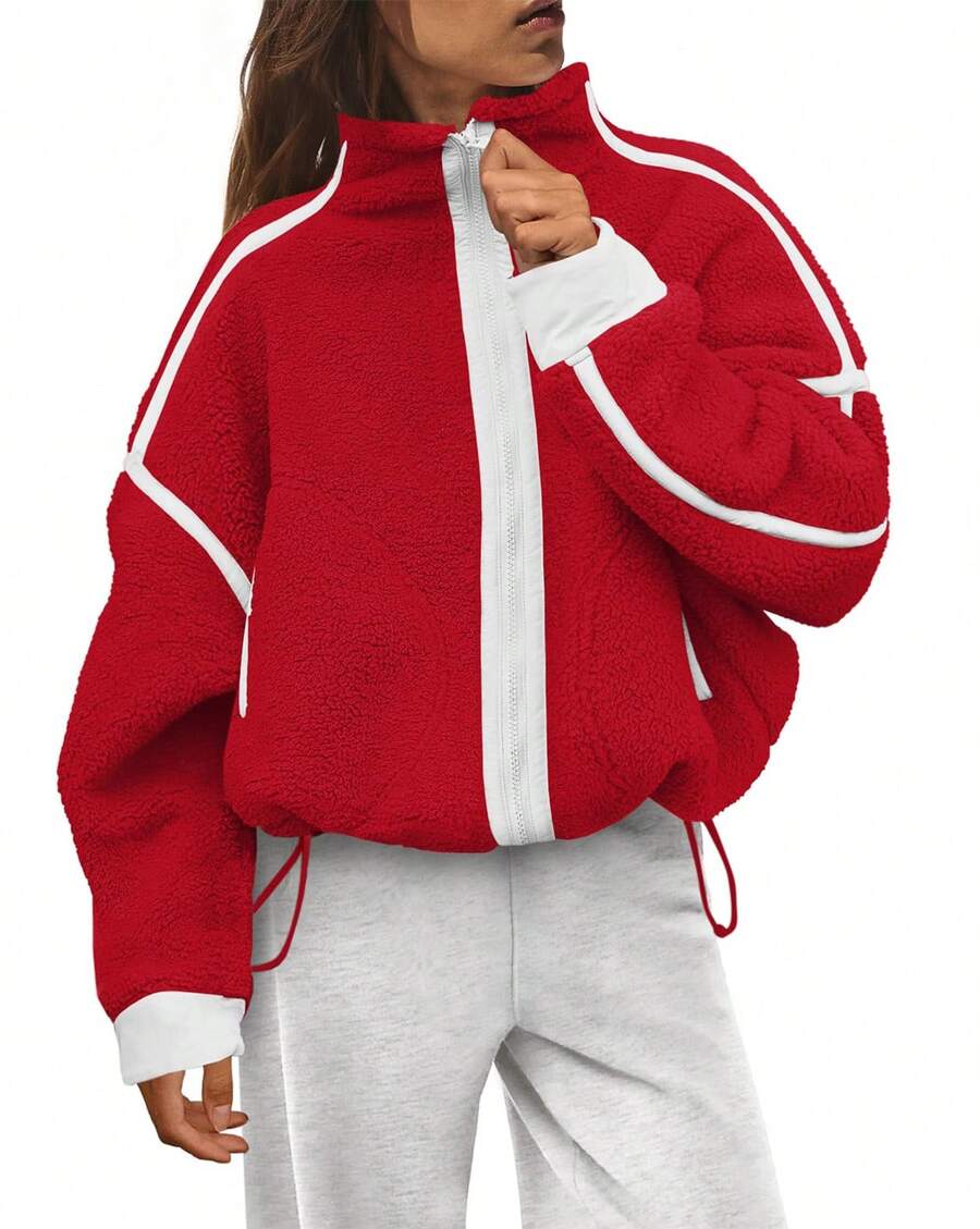 Women's Casual Elegant Red Stand Collar Long Sleeve Drop Shoulder Full Zipper Polyester Regular Coat - 紅色 - 查看 1