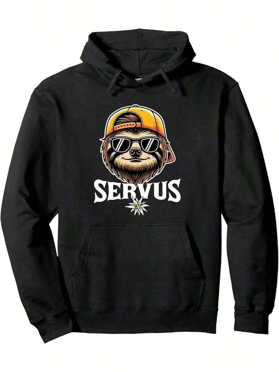 Sudadera con capucha para hombre con estampado de perezoso y letras - Negro - Ver 1