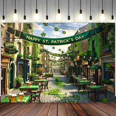 2D平面单件圣帕特里克节横幅装饰，涤纶爱尔兰街景背景布，用途广泛，可作家居装饰、拍照道具，无需用电，适用于婚礼、新娘送礼会、生日和节日庆典。