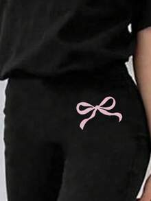 Tween Girls' Bow Print Short Sleeve T-Shirt And Skinny Flare Pants Casual Outfit - Black - View 5