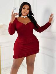 BIUBIU Plus Size Red Color Sweetheart Neckline Bodycon Short Dress With Pleated Design,Asymmetric Hem, Party Dress,Elegan,Valentine Love/Lover Heart XOXO/Kisses Hugs And Kisses Be Mine Babe/Baby Kiss/Lip Heart Cupid/Angel