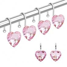 Shower Curtain Hooks Rings For Bathroom, 12PCS Valentines Day Heart Stainless Steel Rust Resistant Decorative Rhinestones Shower Curtain Rings Hangers For Shower Curtains, Clothing, Etc.,SingleHookPink - 單鉤粉紅色 - 查看 1