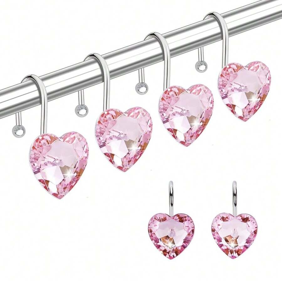 Shower Curtain Hooks Rings For Bathroom, 12PCS Valentines Day Heart Stainless Steel Rust Resistant Decorative Rhinestones Shower Curtain Rings Hangers For Shower Curtains, Clothing, Etc.,SingleHookPink - 單鉤粉紅色 - 查看 1