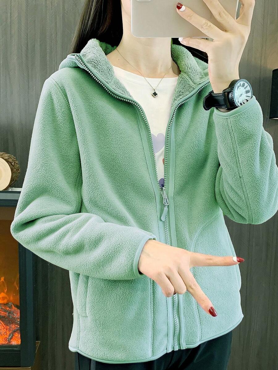 GRIM PANDA 女款秋冬抓絨外套,寬鬆連帽可正反穿,保暖抓絨夾克,居家/戶外/登山/休閒日常穿著 - 薄荷綠 - 查看 1