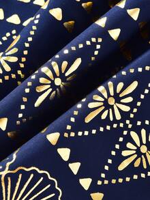 Vihyde 1pc Tween Girls' Festival Long Robe, Navy Blue With Gold Foil Geometric Pattern Trim Collar, 3/4 Sleeve Robe - Navy Blue - View 6