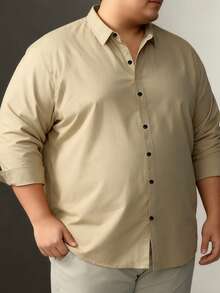 Plus Size Men's Khaki Solid Color Long Sleeve Shirt, Classic Autumn New Style Casual Shirt Top - Khaki - View 3