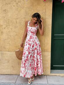 时尚女士标准尺码无袖休闲浪漫度假花卉印花吊带背心连衣裙 - 粉色 - 查看 5