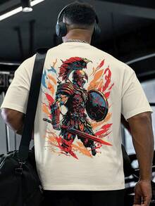 Men's Oversized T-Shirt, Spartan Warrior Design, Colorful Print, Premium Streetwear, Cotton, Loose Fit, High Quality, Exclusive Style - 奶油色 - 查看 1