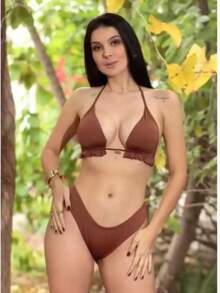 Elegant String Bikini With Padded Cups And High-Cut Leg, Tie-Back Closure, Perfect For Beach Vacations. - Rust Brown - View 1