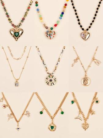 1件/3件/5件装宝石吊坠项链，时尚多层金心形链项链，适合女士日常佩戴