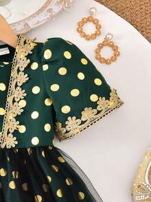 Vihyde 两件套女童套装 - 橄榄绿箔点印花网纱连衣裙和配套斜挎包 - 墨綠色 - 查看 7