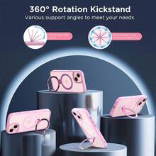 Magnetic Case For For IPhone 13/14 6.1 Inch With 360 Rotatable Ring Stand, Compatible With Mag Car Phone Mount, Cases Cover Phone Holder For Desk Meeting/Videos Pink,6.1inch(ForFor IPhone13/14),Pink - 粉紅色的 - 查看 5