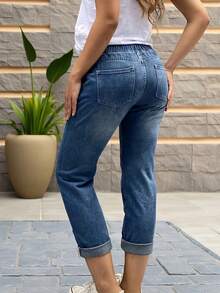 Women's Fashionable & Versatile Casual Comfortable Ripped Hem Drawstring Waist 9/10 Length Jeans - Dark Wash - View 4