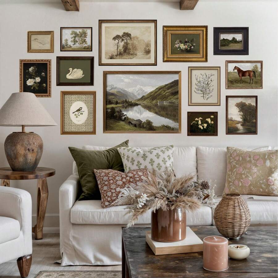 13件套复古帆布墙画，房间装饰画廊画，农舍风格家居装饰，绿色植物风景动物印花，无框乡村风装饰，温馨客厅装饰，卧室装饰，自然插画墙画，家居装饰