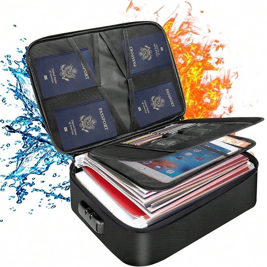 Piorlado Fireproof Document Box, 3-Layer Fireproof Document Bag Portable Large Capacity Water Resistant Storage Boxes With Lock For Important Documents,Certificates,Passports,Legal Files And Valuables - Black - View 1