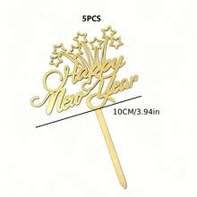 5pcs/Set Or 1pc Optional 2026 Happy New Year Acrylic Cake Topper, New Year Cake Insert, Cupcake Decoration, Dessert Chocolate Cake Decor, New Year Party - Gold - View 7