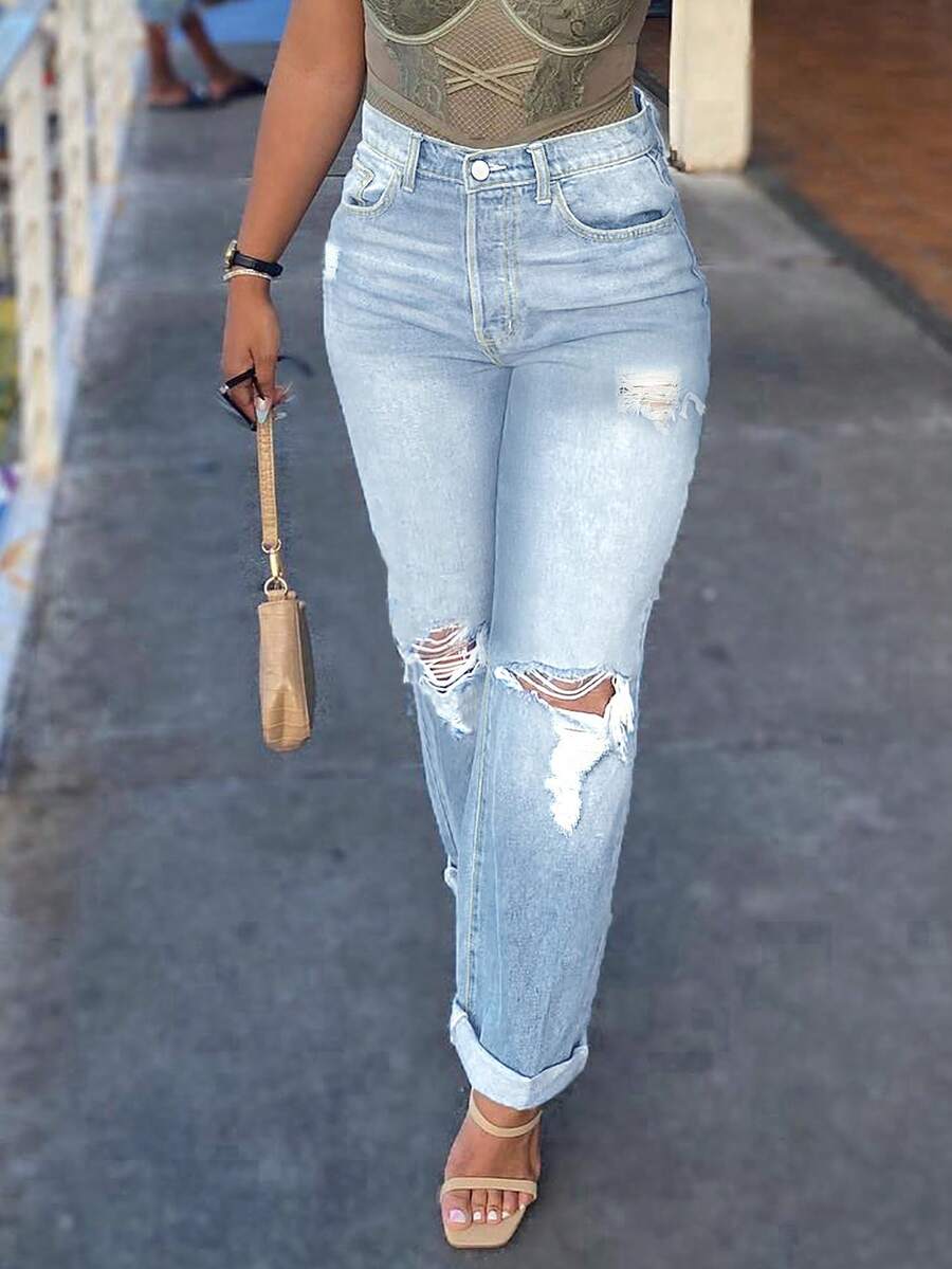 New Casual American Street Style Basic Ripped Loose Straight Leg Women Pants Spring - Light Wash - View 1