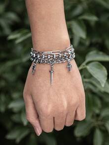 3件套多层男士链叠戴手链套装，可调节吊坠腕链饰品，个性嘻哈风格，日常佩戴 - 彩色 - 查看 3