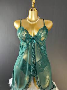 SOFUSEN Floral Lace Chemise Set - Sheer Mesh With Garter Belt, Ruffled Trim Adjustable Lingerie - Green - View 3