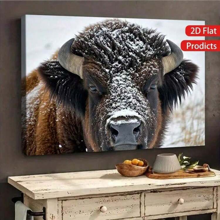 2D Plano, 1 Pieza Arte de Pared de Bisonte Americano de Invierno - Marco de Madera Sólida, Póster de Lienzo Envuelto, Fotografía Realista de Vida Silvestre de Bisonte de América del Norte, Decoración Exterior Adecuada para el Hogar - Bisonte de Nieve, Adecuado para Sala de Estar, Oficina, Cabaña - Amantes de la Naturaleza, 2D Plano - Multicolor - Añade 2