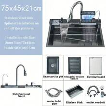 Gray Recessed Waterfall Kitchen Sink Workstation Recessed Kitchen Sink Stainless Steel Sink Multifunctional Single Bowl Kitchen Sink Smart Display With Faucet And Cup/Soap Dispenser - Grey - View 1