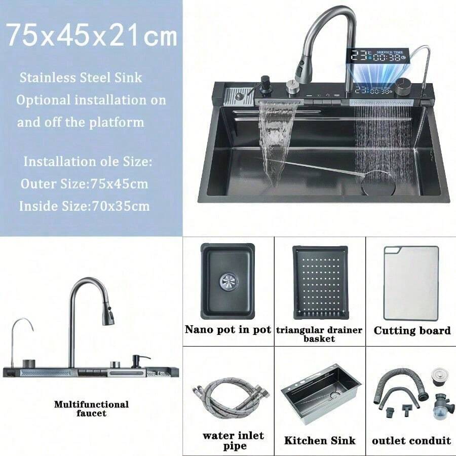 Gray Recessed Waterfall Kitchen Sink Workstation Recessed Kitchen Sink Stainless Steel Sink Multifunctional Single Bowl Kitchen Sink Smart Display With Faucet And Cup/Soap Dispenser - Grey - View 1