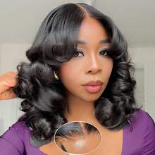 Zealady Pelucas sin pegamento para usar y llevar, cabello humano pre-arrancado, pre-cortado, ondas corporales, cierre de encaje HD 4x4, de 10 a 16 pulgadas, con cordón, parte libre, bob, para mujeres, cabello humano corto, bob 180, pelucas frontales de encaje dental como regalo de Navidad para mujeres. - Natural Black - Ver 11